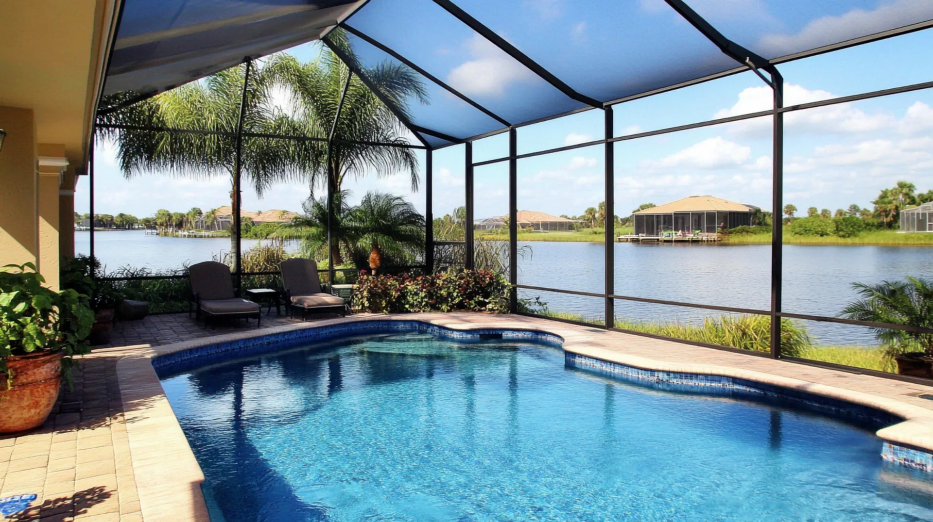 Lakefront pool screen enclosure interior view, Lake Mary